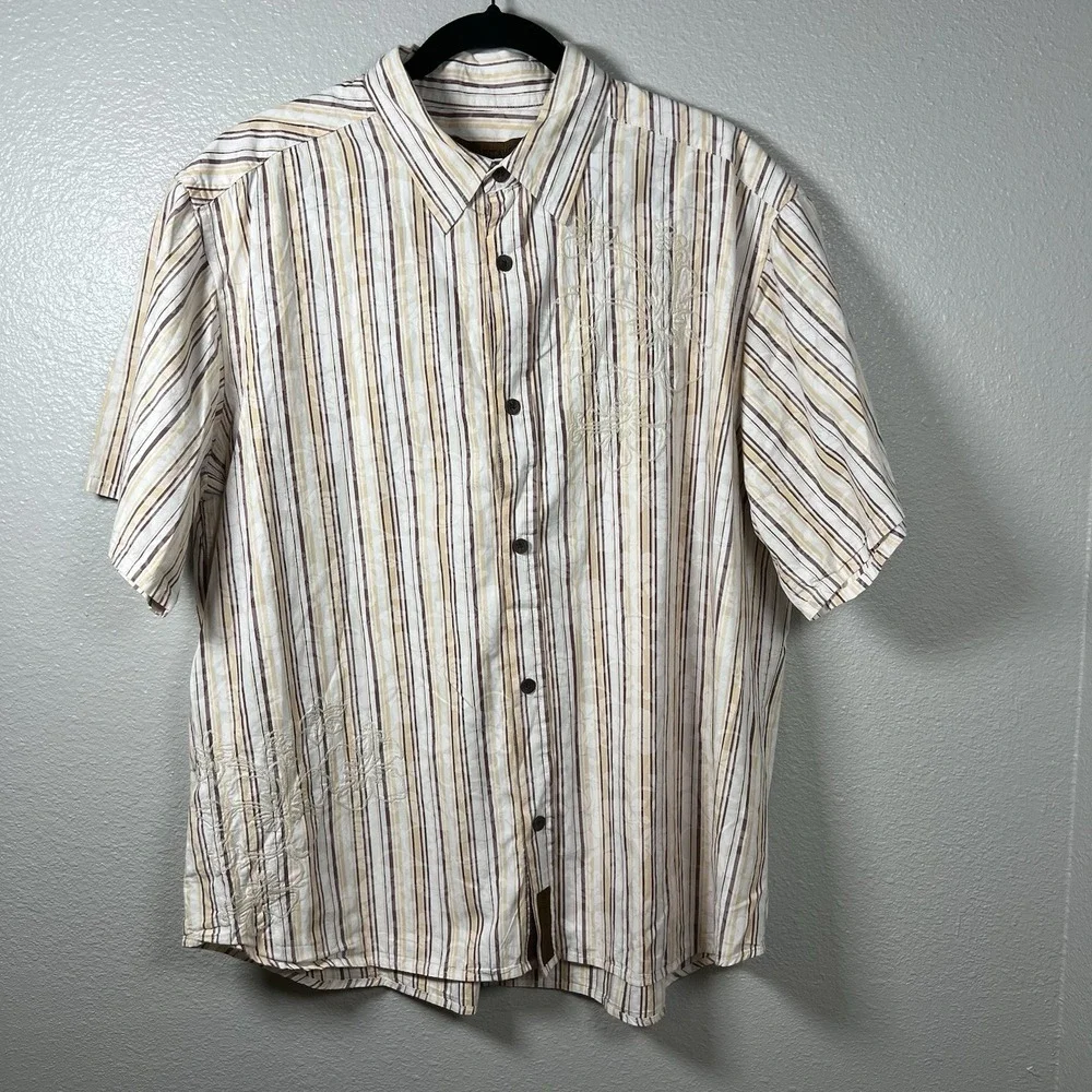 Margaritaville Short Sleeve Men XXXL Shirt White Brown Tan Striped Floral Cotton